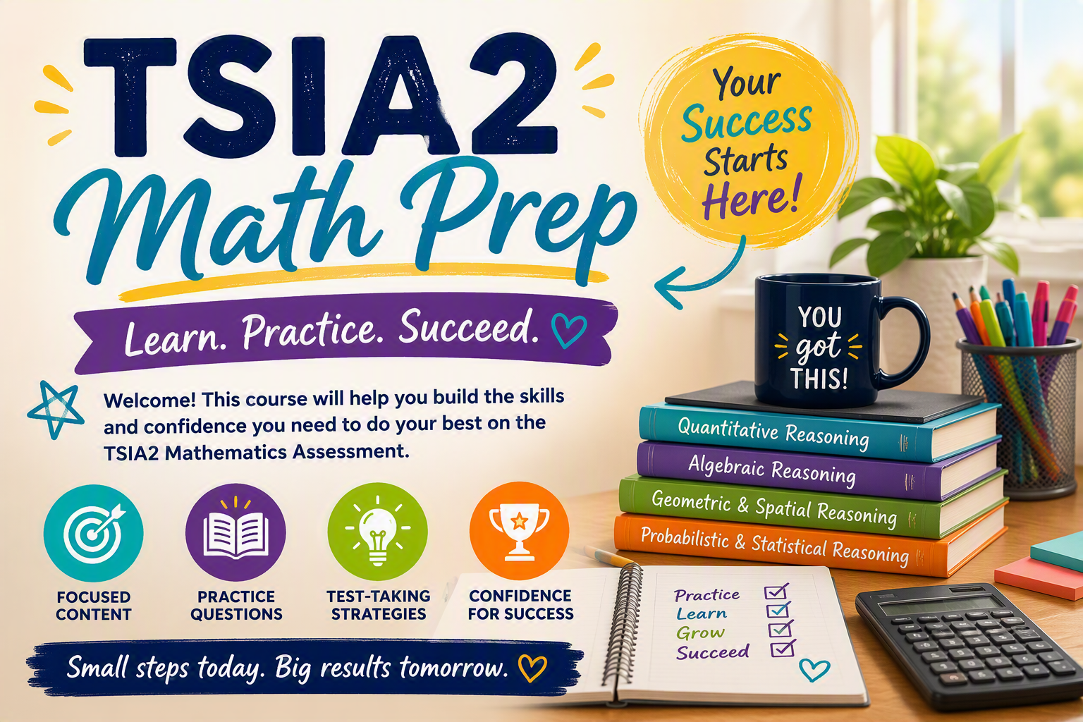 Colorful and encouraging welcome to TSIA2 Math Prep course with desk area and book stack related to math topics.