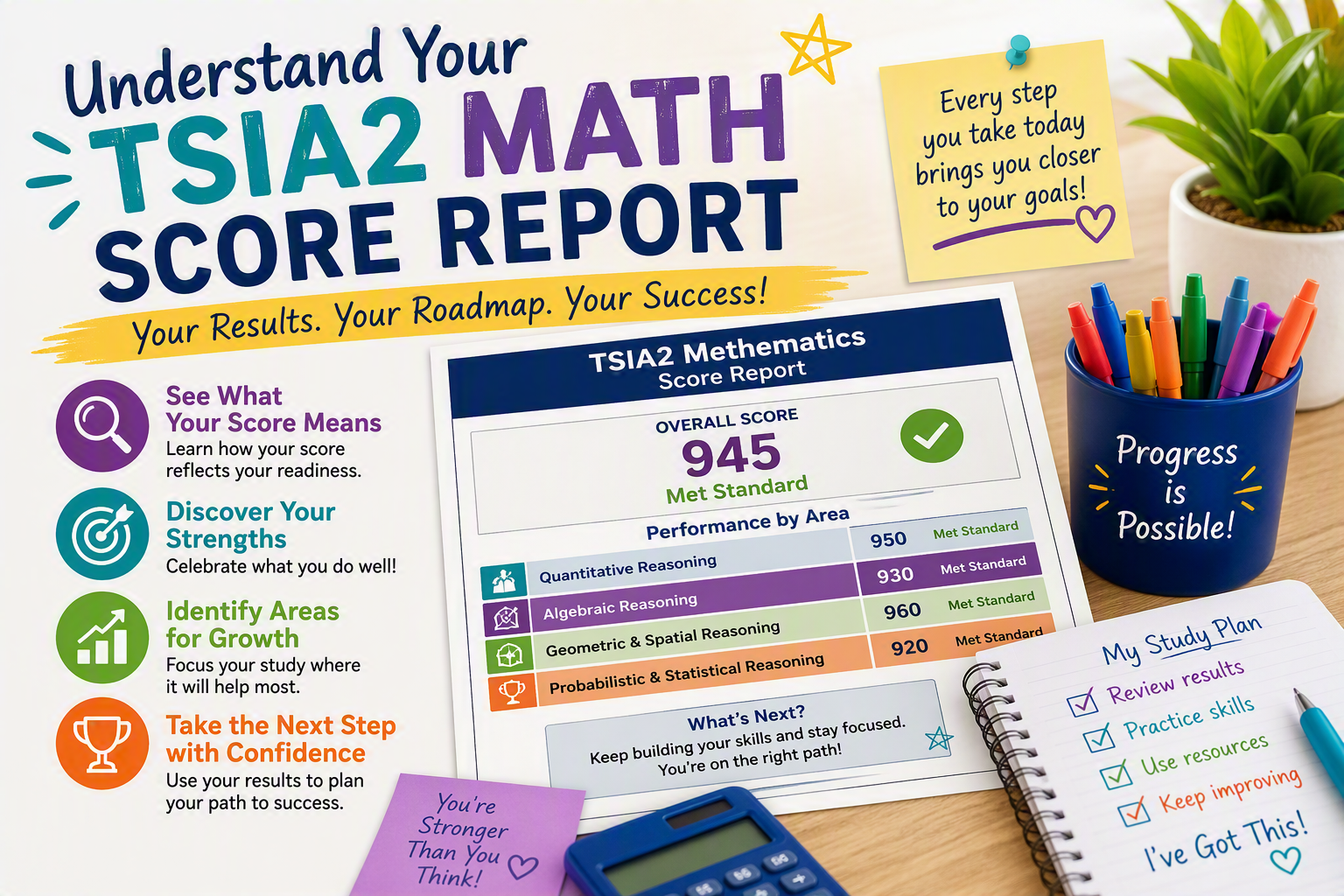 Encouraging poster about understanding the TSIA2 Math Score Report.