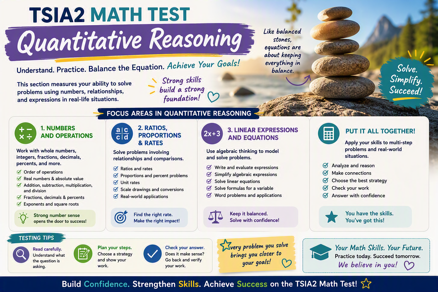 Encouraging infographic about topics on the Quantitative Reasoning portion of the TSIA2 Math Test