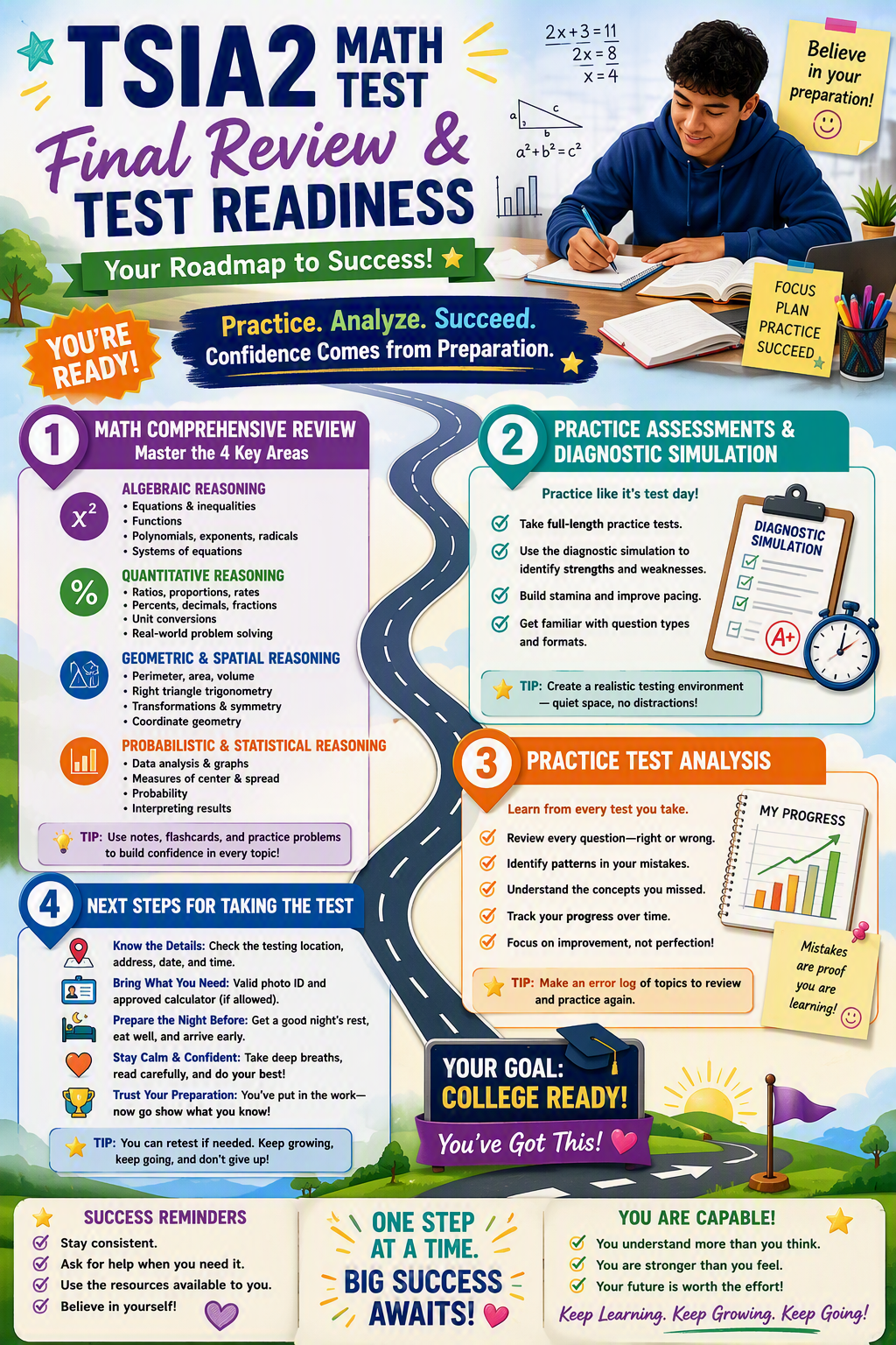 Infographic with topics for final review and test readiness depicting a roadmap to success for the TSIA2 Math Test.