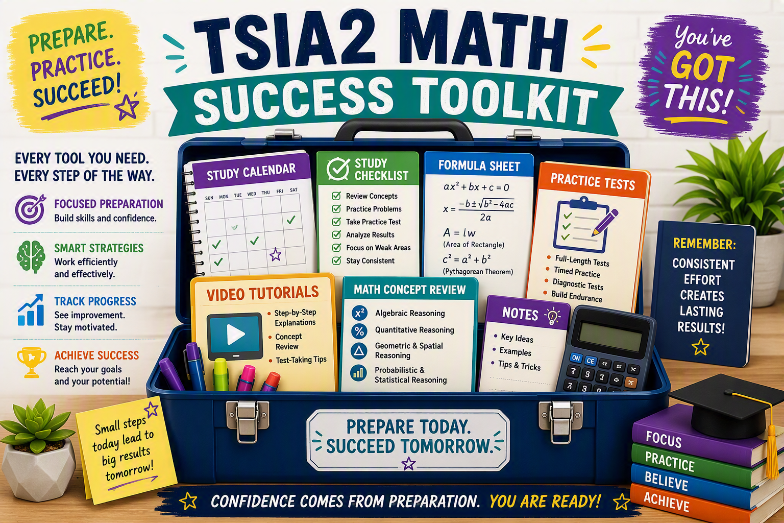 Colorful and encouraging infographic of a toolkit filled with helpful items for success on the TSIA2 Math Test.