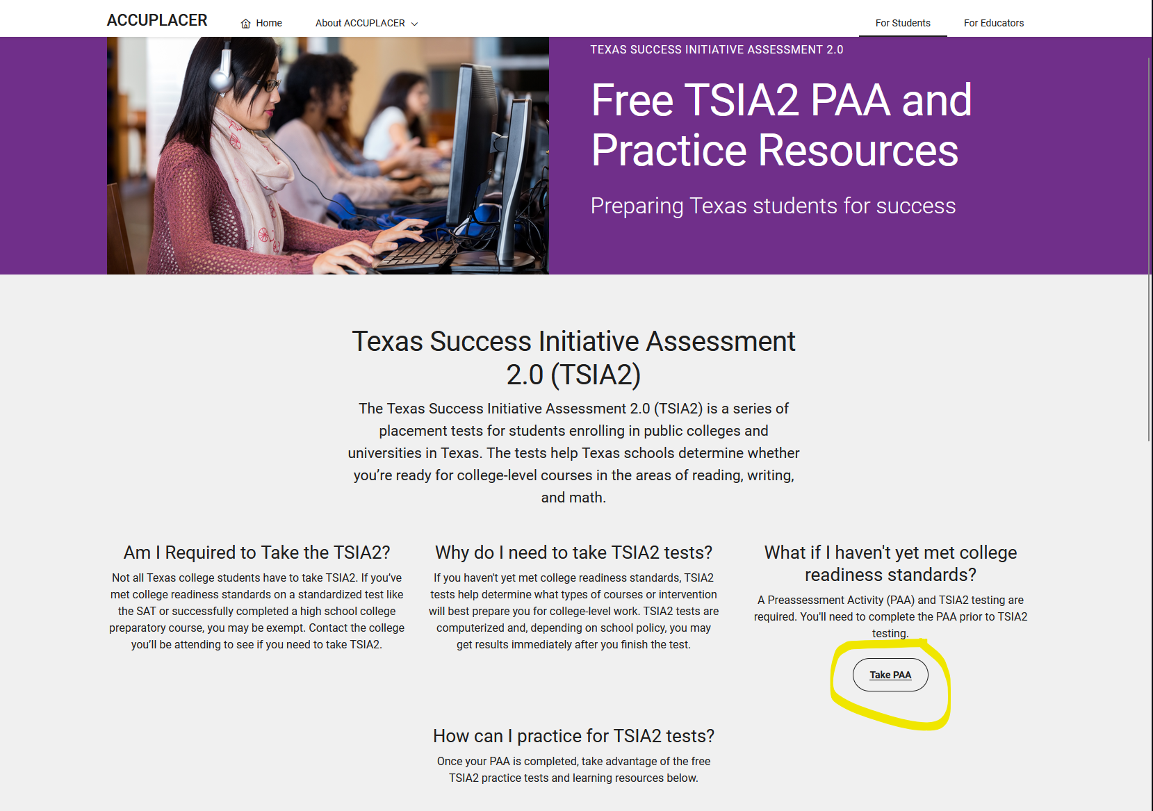 Screenshot of Accuplacer PAA page with link highlighted.