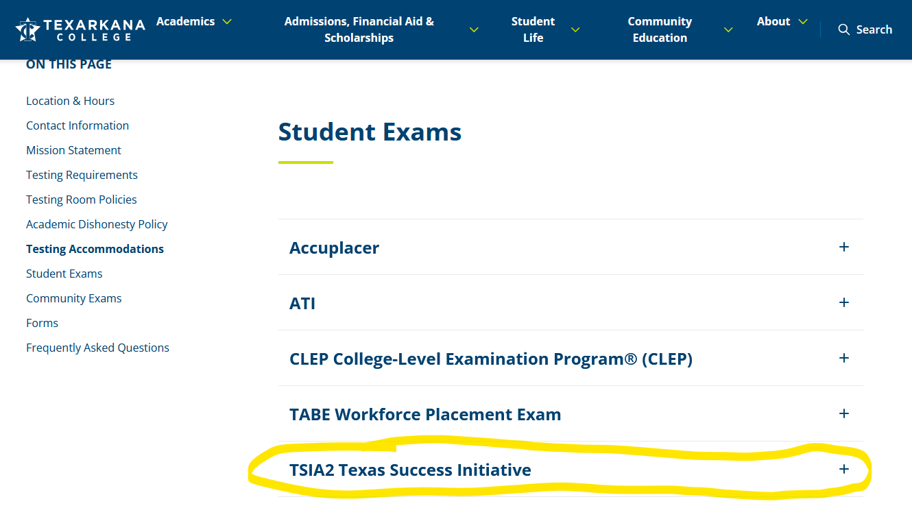 Screenshot of TC Testing Center page with TSIA2 link highlighted