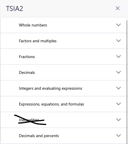 List of quantitative reasoning topics in drop down menu form.