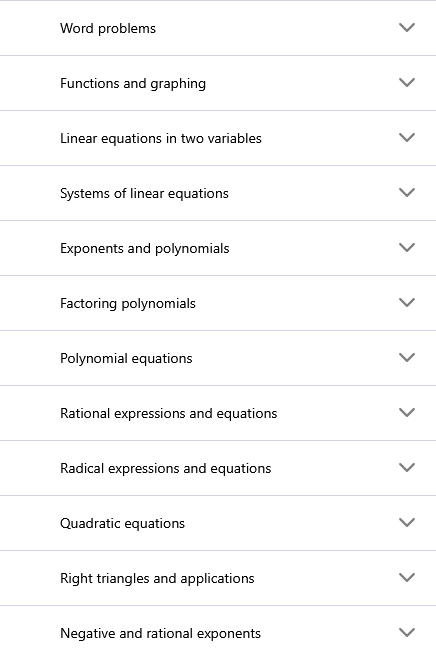 List of Algebraic Reasoning topics in drop down menu form.